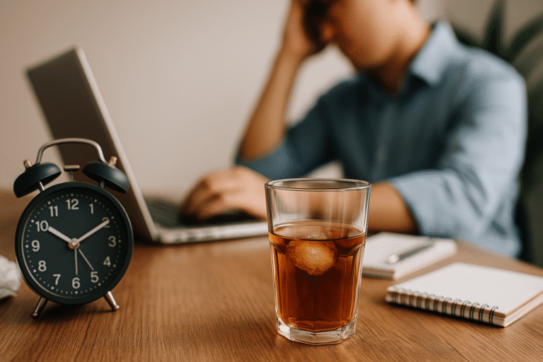 Cluttered workspace with stress and poor lifestyle habits that can worsen thyroid issues.