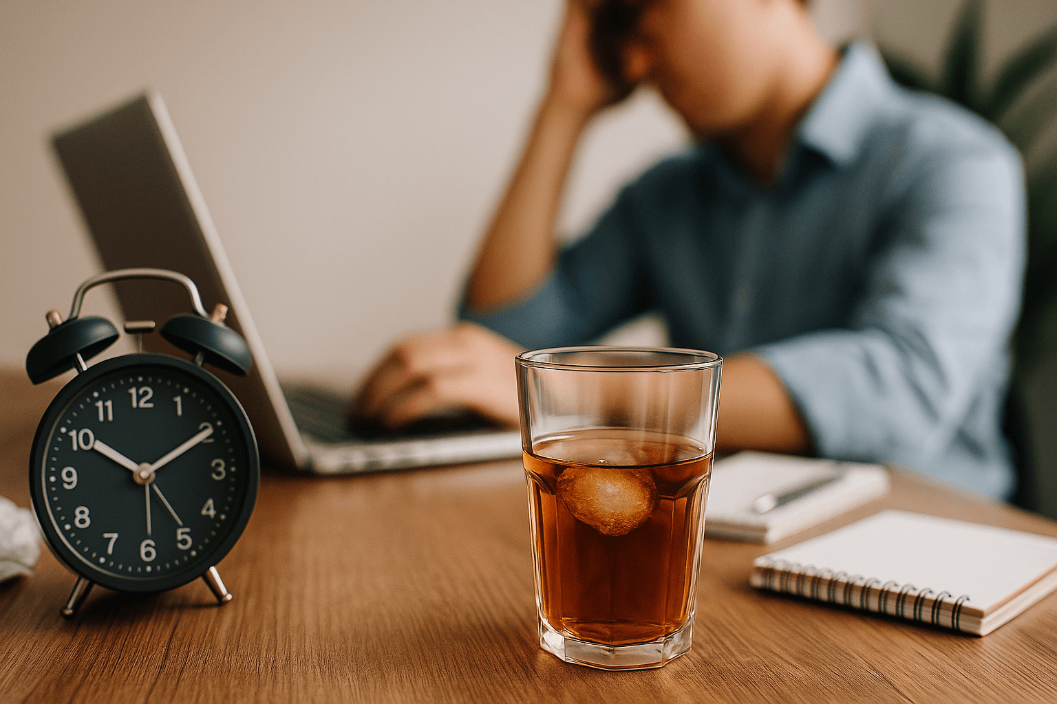 Cluttered workspace with stress and poor lifestyle habits that can worsen thyroid issues.